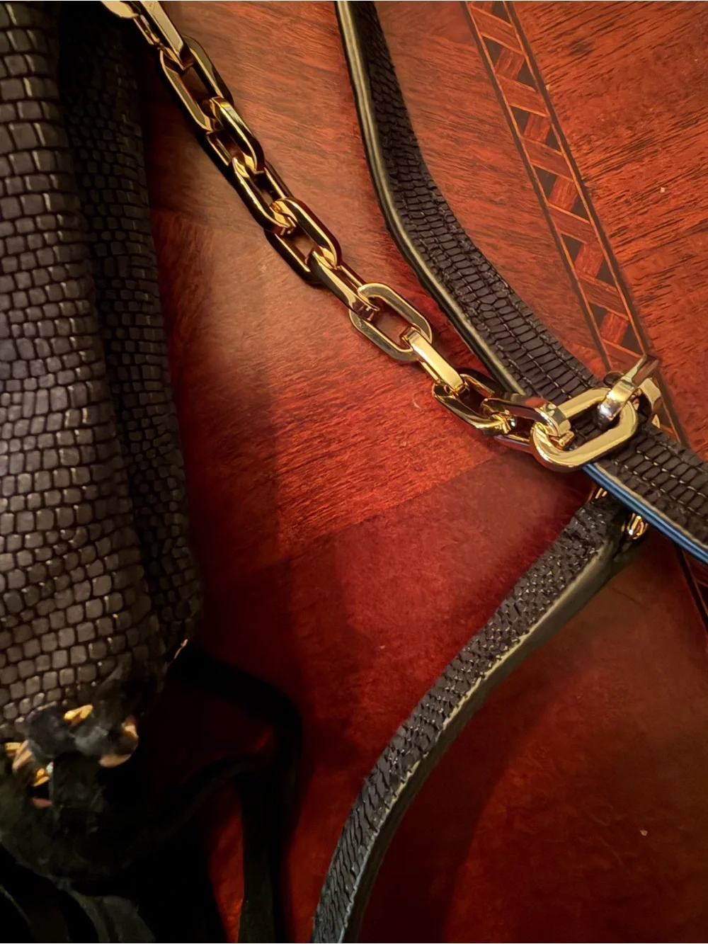 Henri Bendel Black Leather Lizard Embossed Black Fringed Crossbody Bag